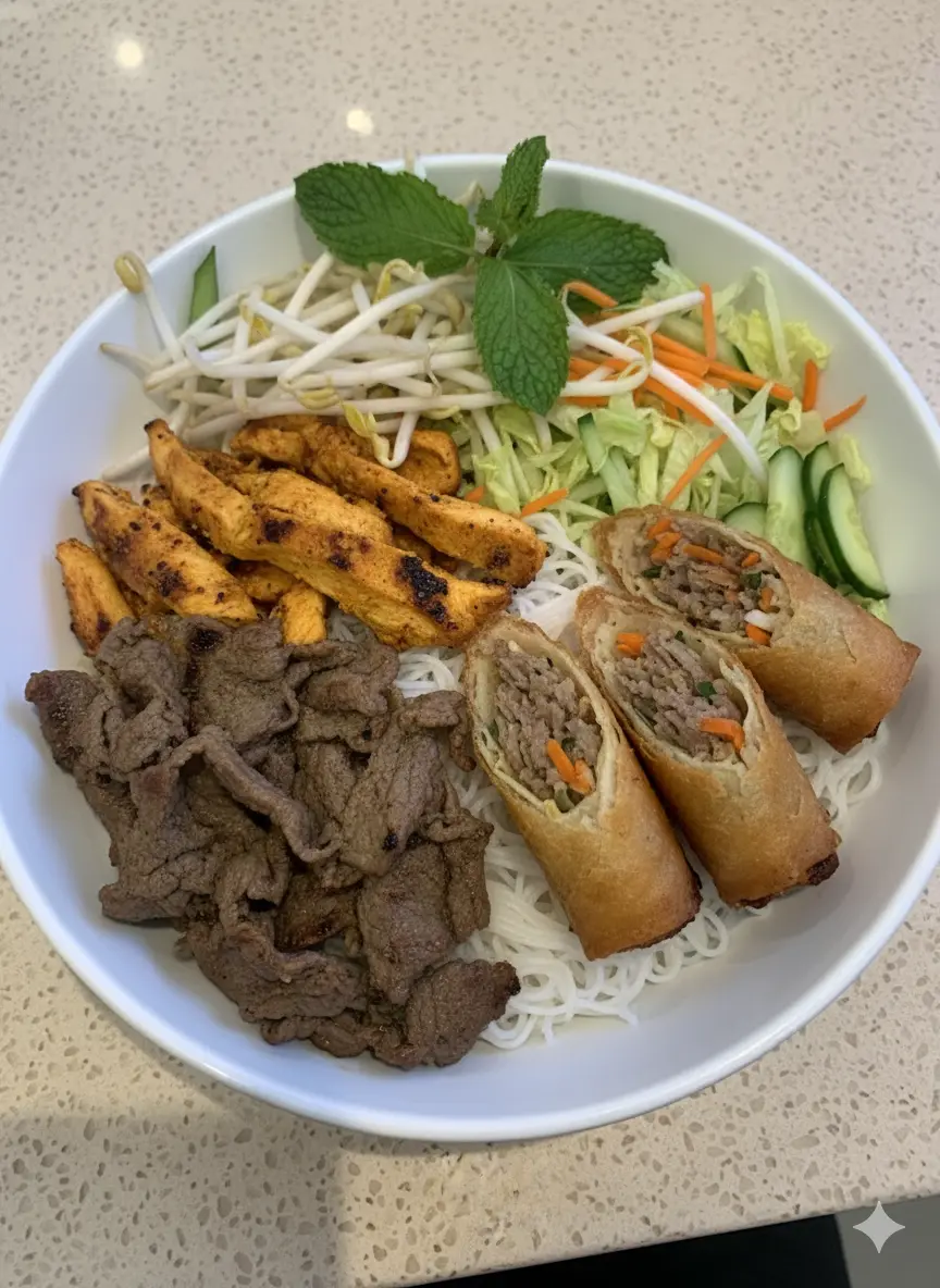 Pork Spring Roll & Satay Beef Chicken Vermicelli at Pho Dinosaur 2 in Calgary, AB